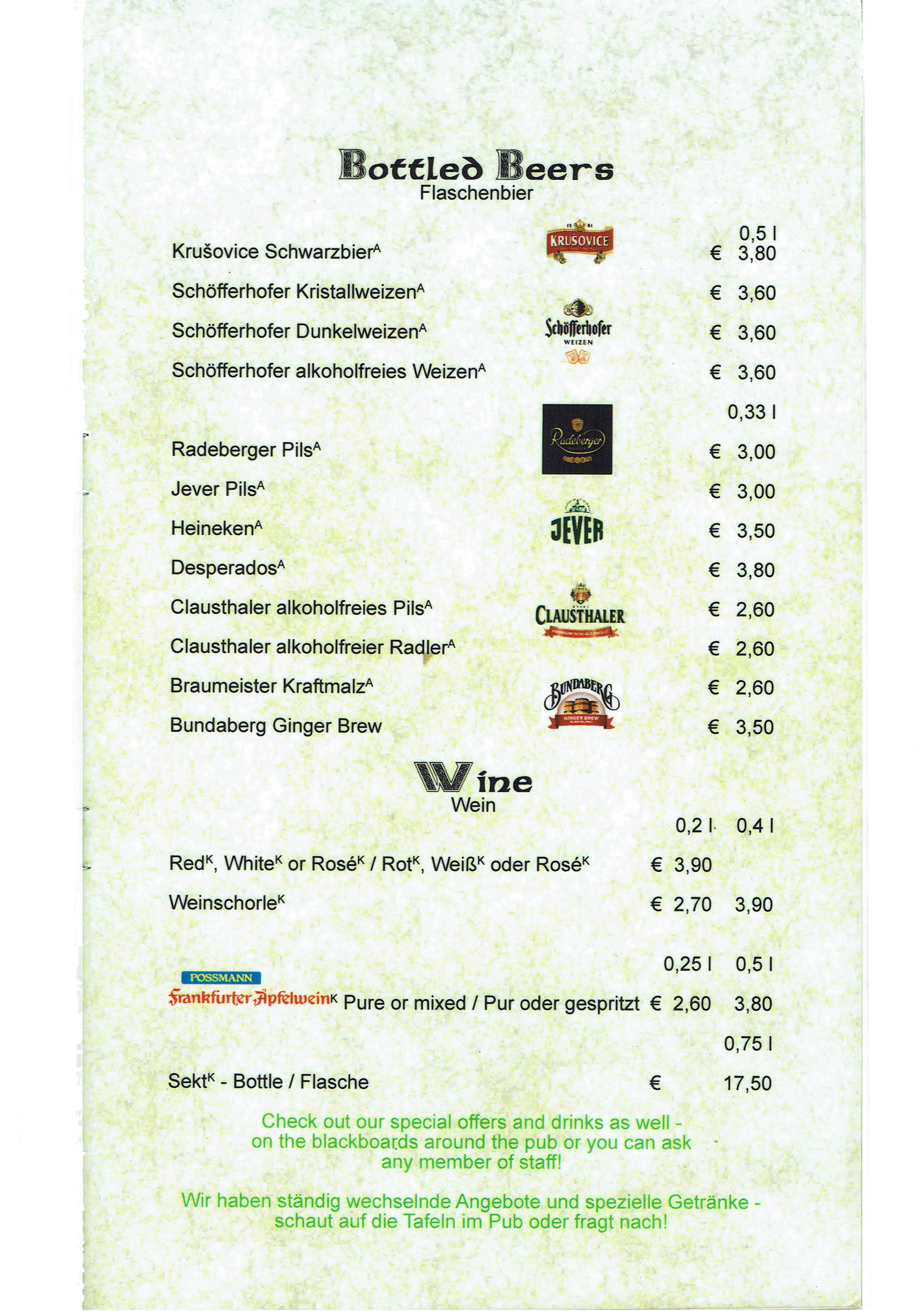 Drink Menu - Kelly's Pub Mainz